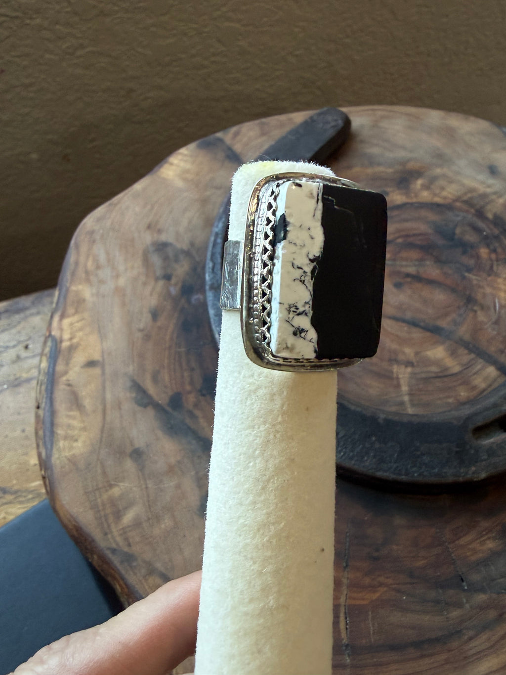 Heritage Series | White Buffalo Hand-Hammered Wide Silver Ring | Size 8.5