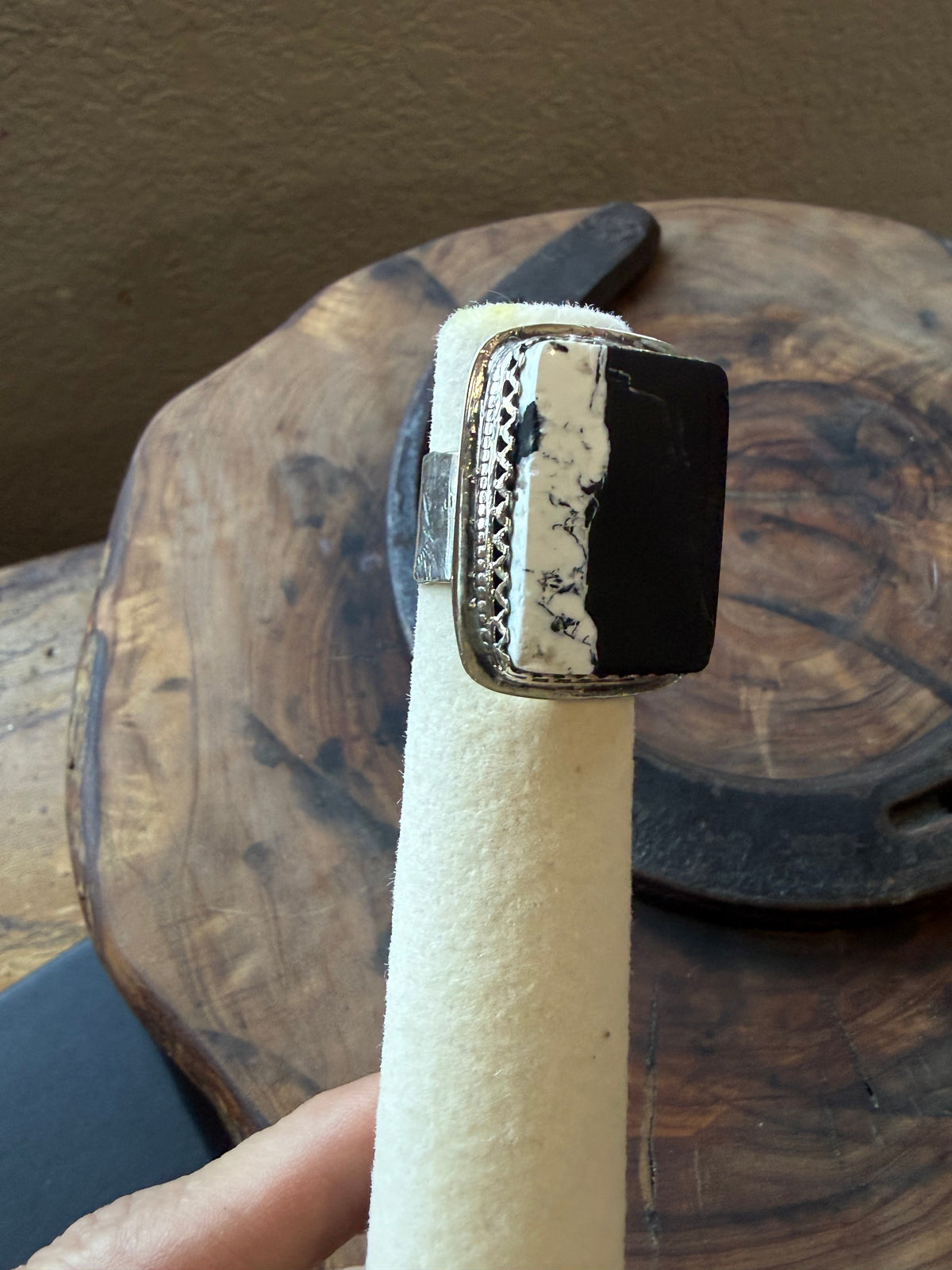 Heritage Series | White Buffalo Hand-Hammered Wide Silver Ring | Size 8.5