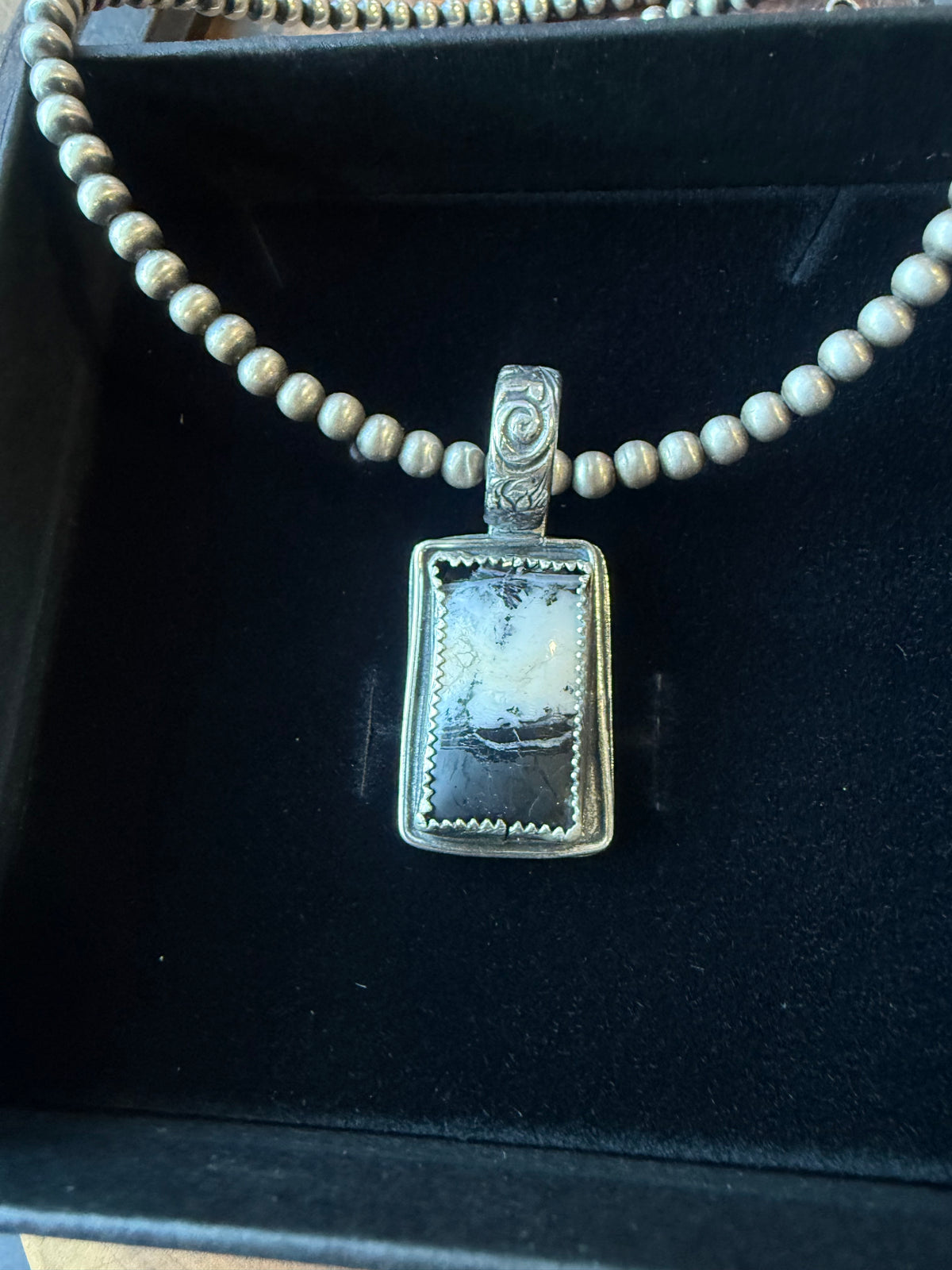 Dorothy Series | White Buffalo Rectangular Shadowbox Pendant | Floral Bail