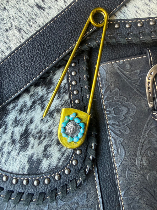 Heritage Series | American Turquoise & Silver-Tone Concho Jumbo Pin | Gold-Tone Stainless Steel | 5 Inch