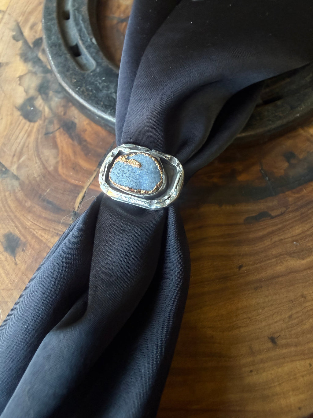 Heritage Series | Blue Druzy & Gold Scarf Slide Ring | Fine & Sterling Silver | Size 4.5