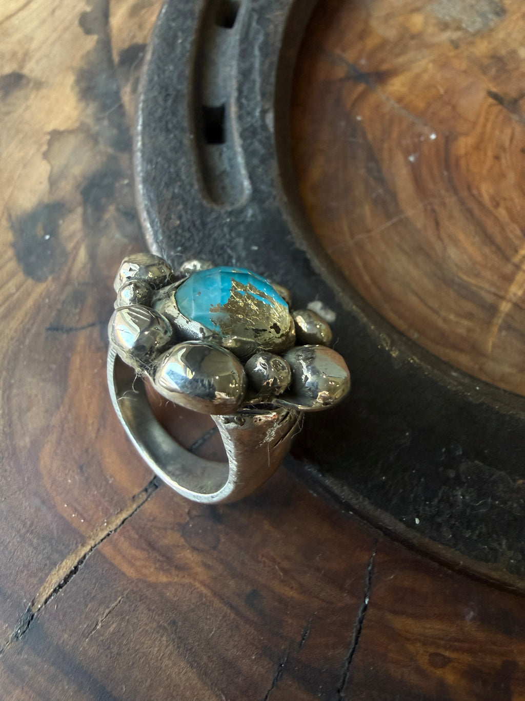 Heritage Series | American Turquoise & Gold Leaf Cocktail Ring | Sterling Silver | Size 7