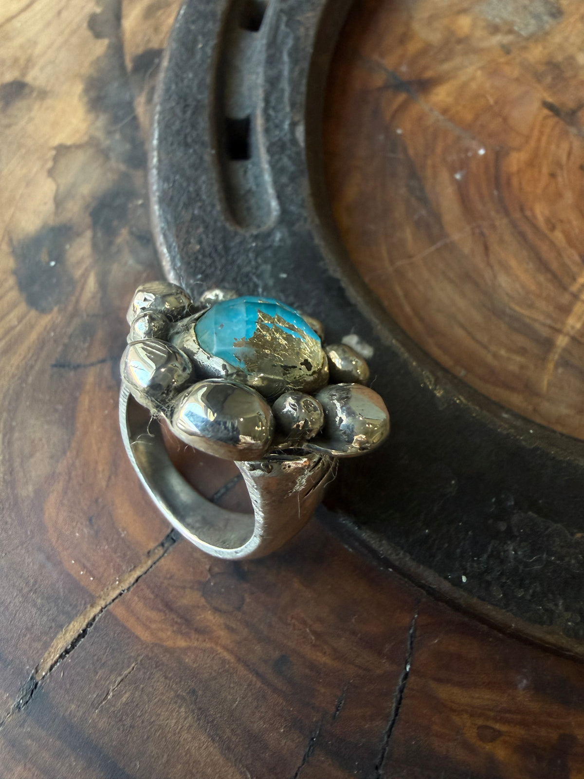 Heritage Series | American Turquoise & Gold Leaf Cocktail Ring | Sterling Silver | Size 7