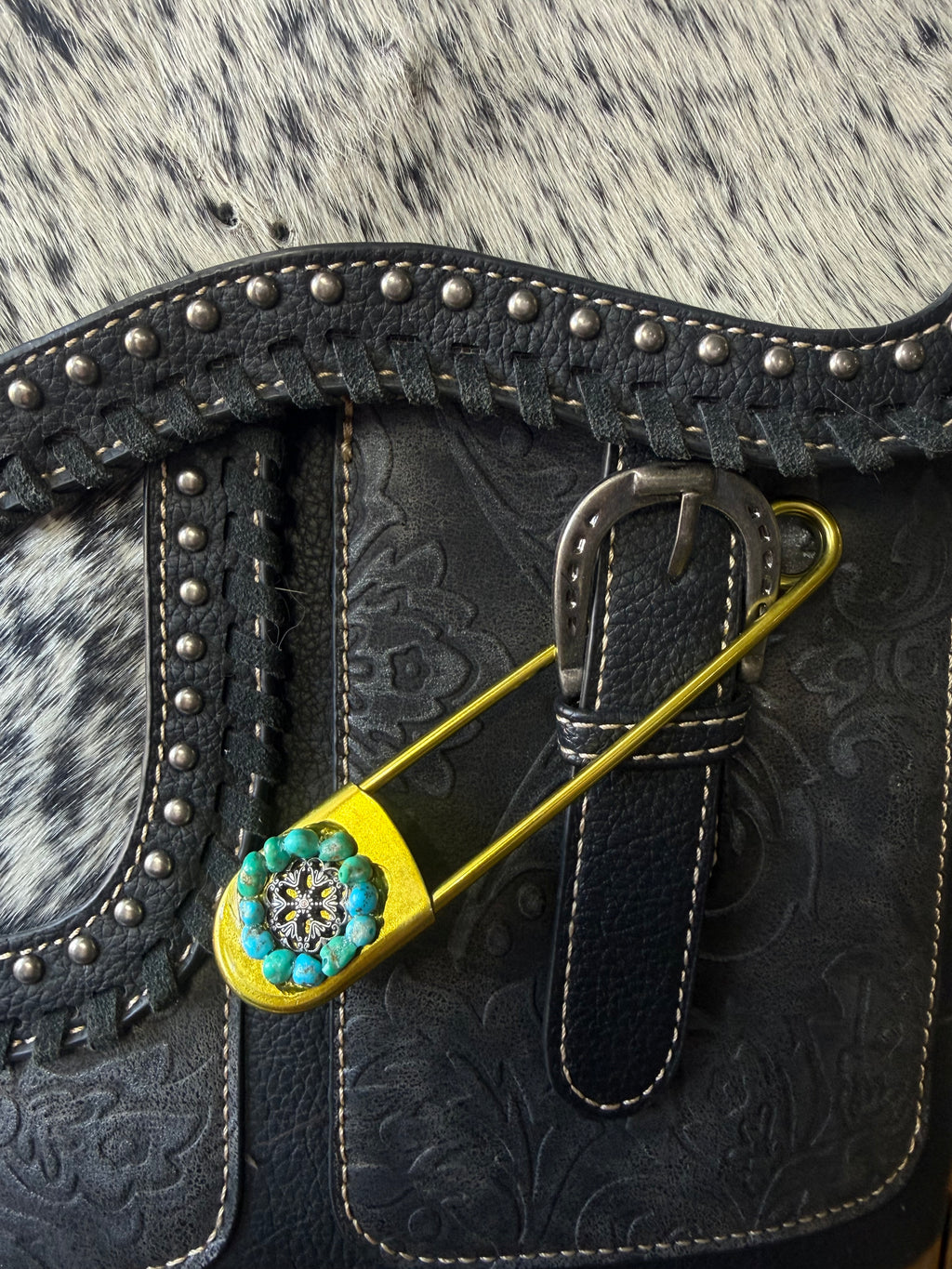 Heritage Series | American Turquoise & Silver-Tone Floral Jumbo Pin | Gold-Tone Stainless Steel | 5 Inch