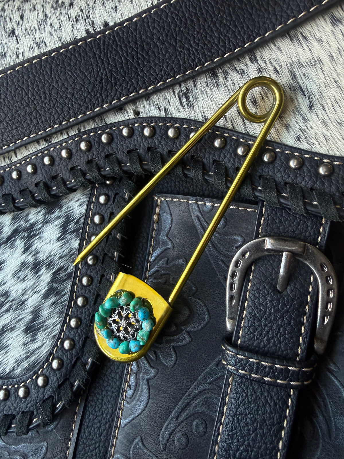 Heritage Series | American Turquoise & Silver-Tone Floral Jumbo Pin | Gold-Tone Stainless Steel | 5 Inch