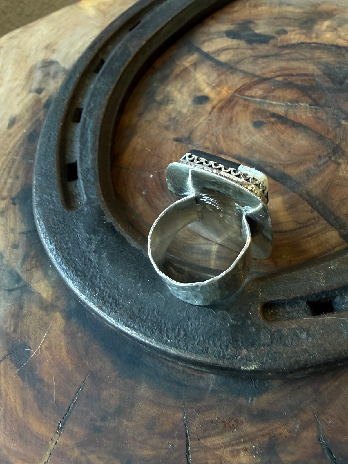 Heritage Series | White Buffalo Hand-Hammered Wide Silver Ring | Size 8.5