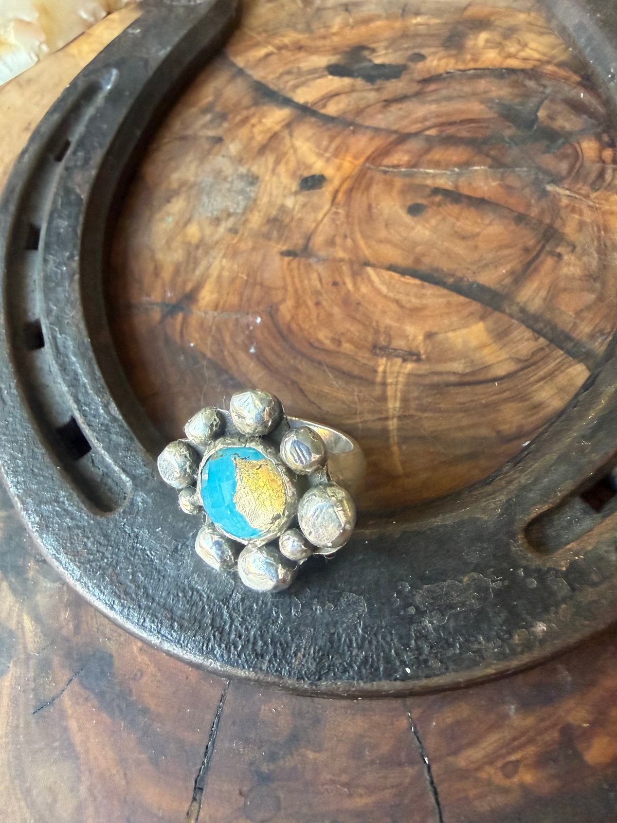 Heritage Series | American Turquoise & Gold Leaf Cocktail Ring | Sterling Silver | Size 7
