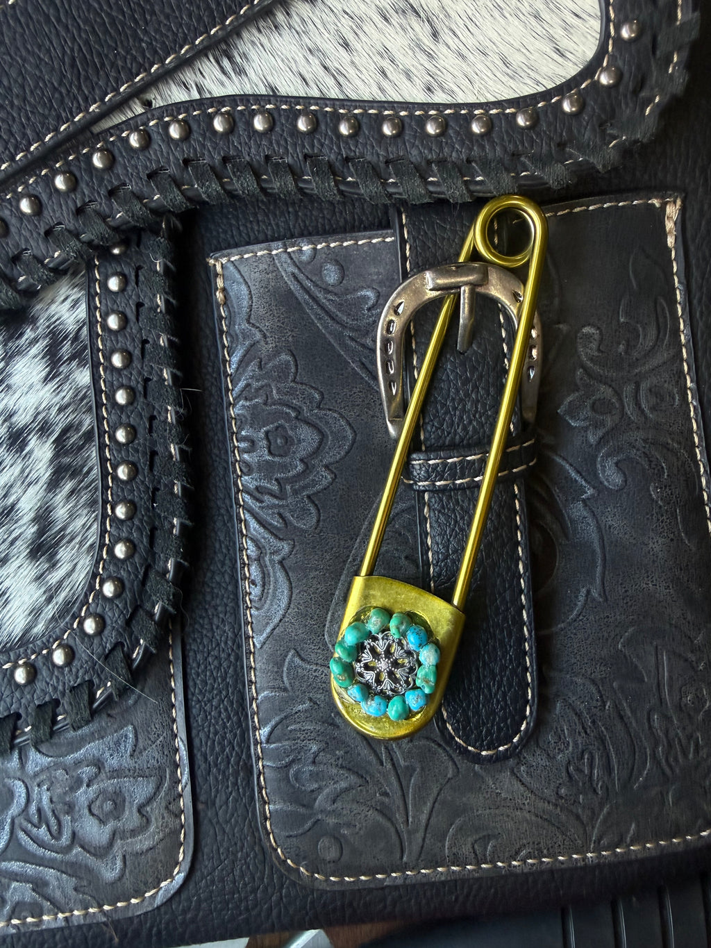 Heritage Series | American Turquoise & Silver-Tone Floral Jumbo Pin | Gold-Tone Stainless Steel | 5 Inch