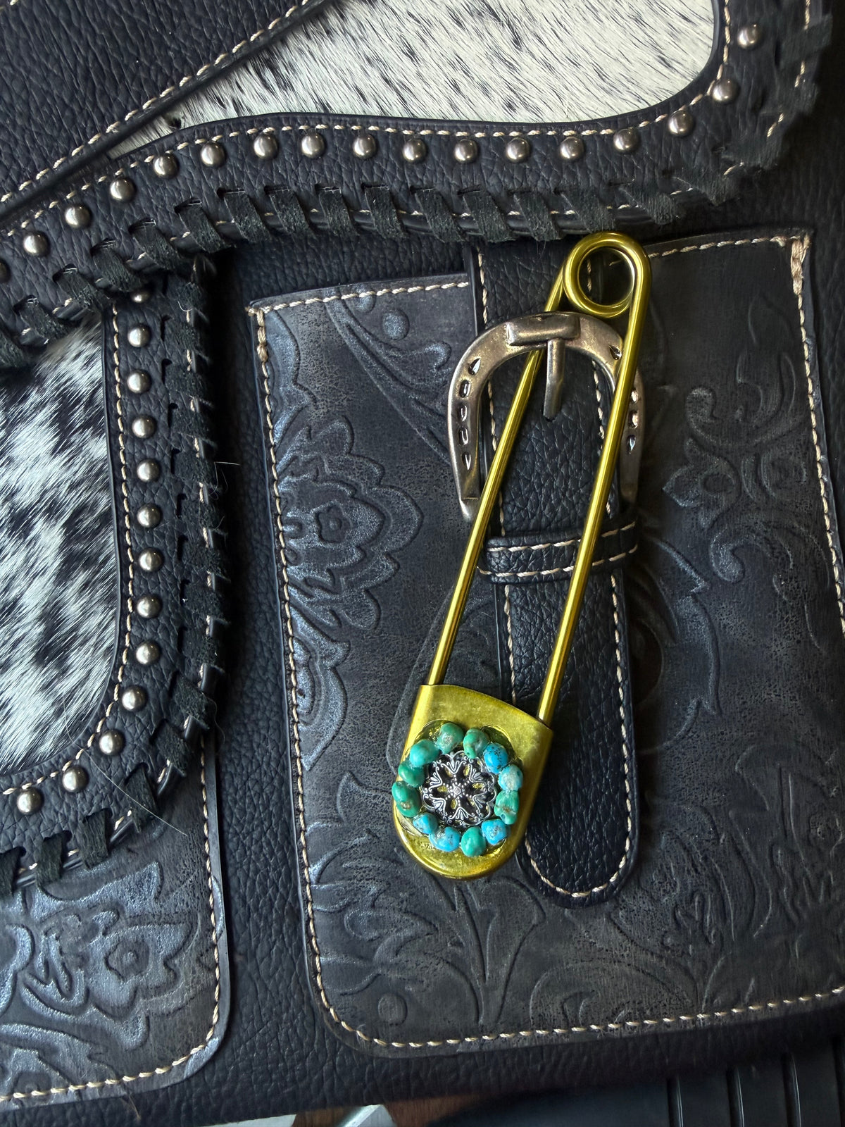 Heritage Series | American Turquoise & Silver-Tone Floral Jumbo Pin | Gold-Tone Stainless Steel | 5 Inch