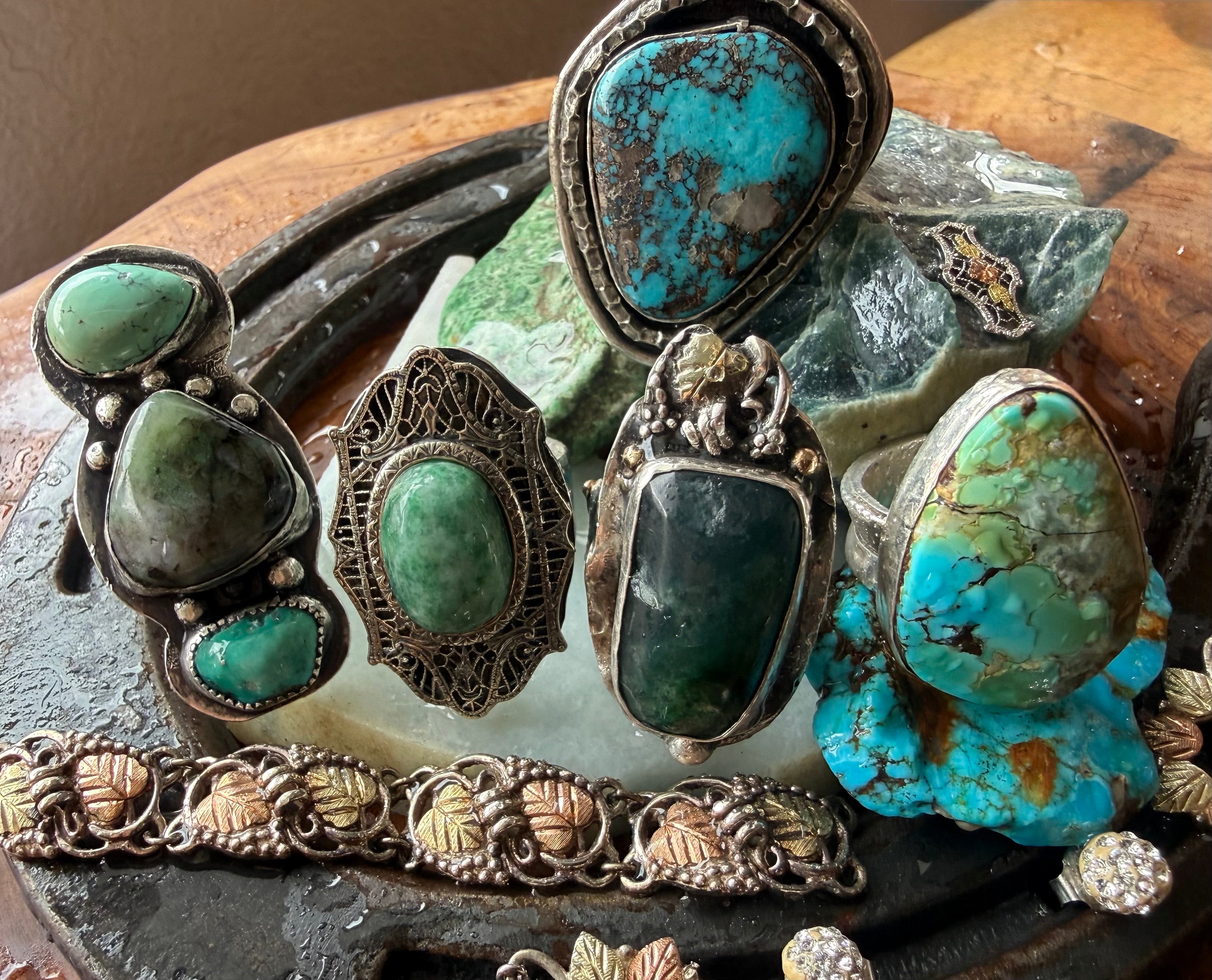Desert Bloom Burmese Jade & Sleeping Beauty Turquoise Filigree Ring — Size 7