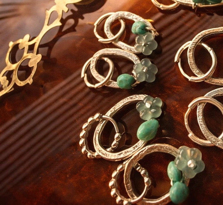 Desert Bloom Huggies | Guatemalan Jadeite, Natural Turquoise & Sterling Silver
