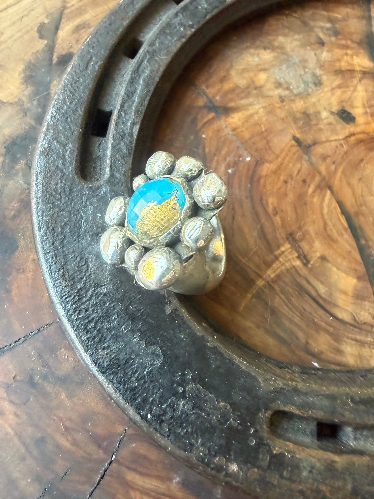 Heritage Series | American Turquoise & Gold Leaf Cocktail Ring | Sterling Silver | Size 7