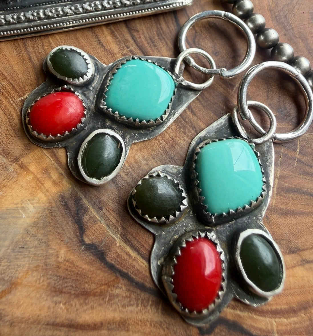 Desert Bloom Chandelier Huggie Earrings | Turquoise, Coral, Jade & Sterling Silver