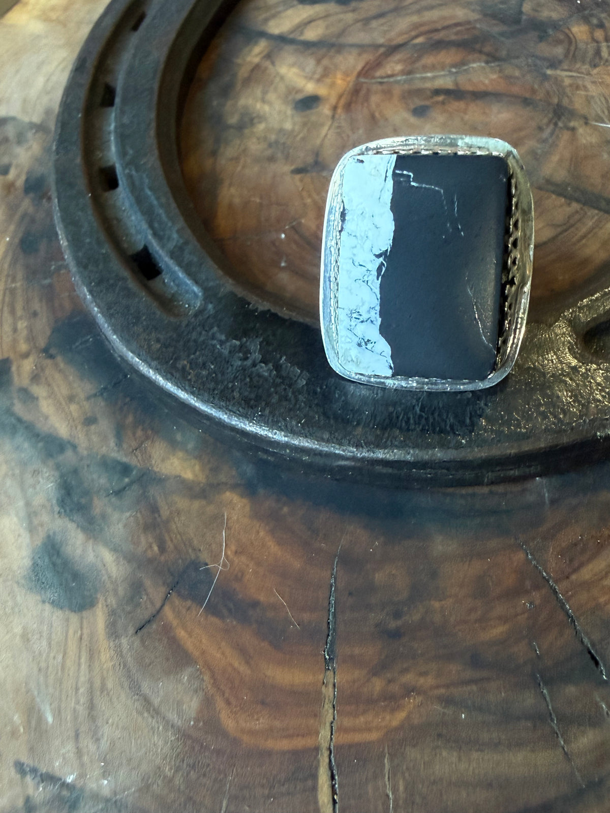 Heritage Series | White Buffalo Hand-Hammered Wide Silver Ring | Size 8.5