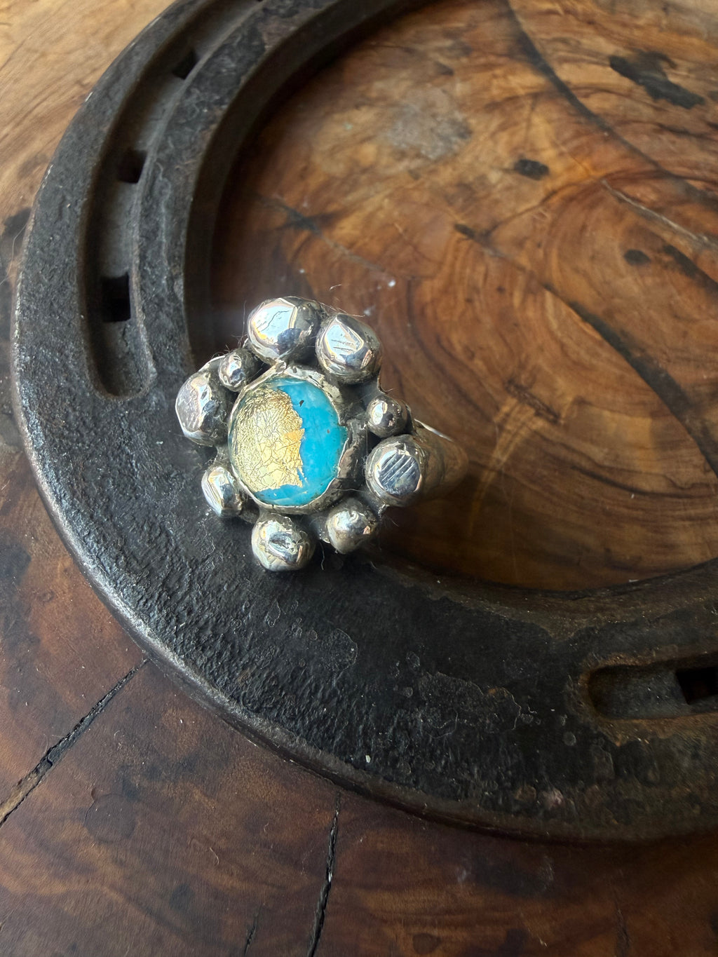 Heritage Series | American Turquoise & Gold Leaf Cocktail Ring | Sterling Silver | Size 7