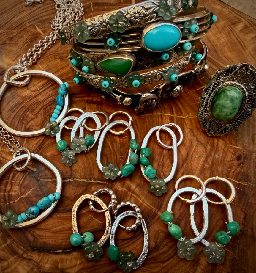 Desert Bloom Large Huggies & Pendant Set | Guatemalan Jadeite, Natural Turquoise & Sterling Silver