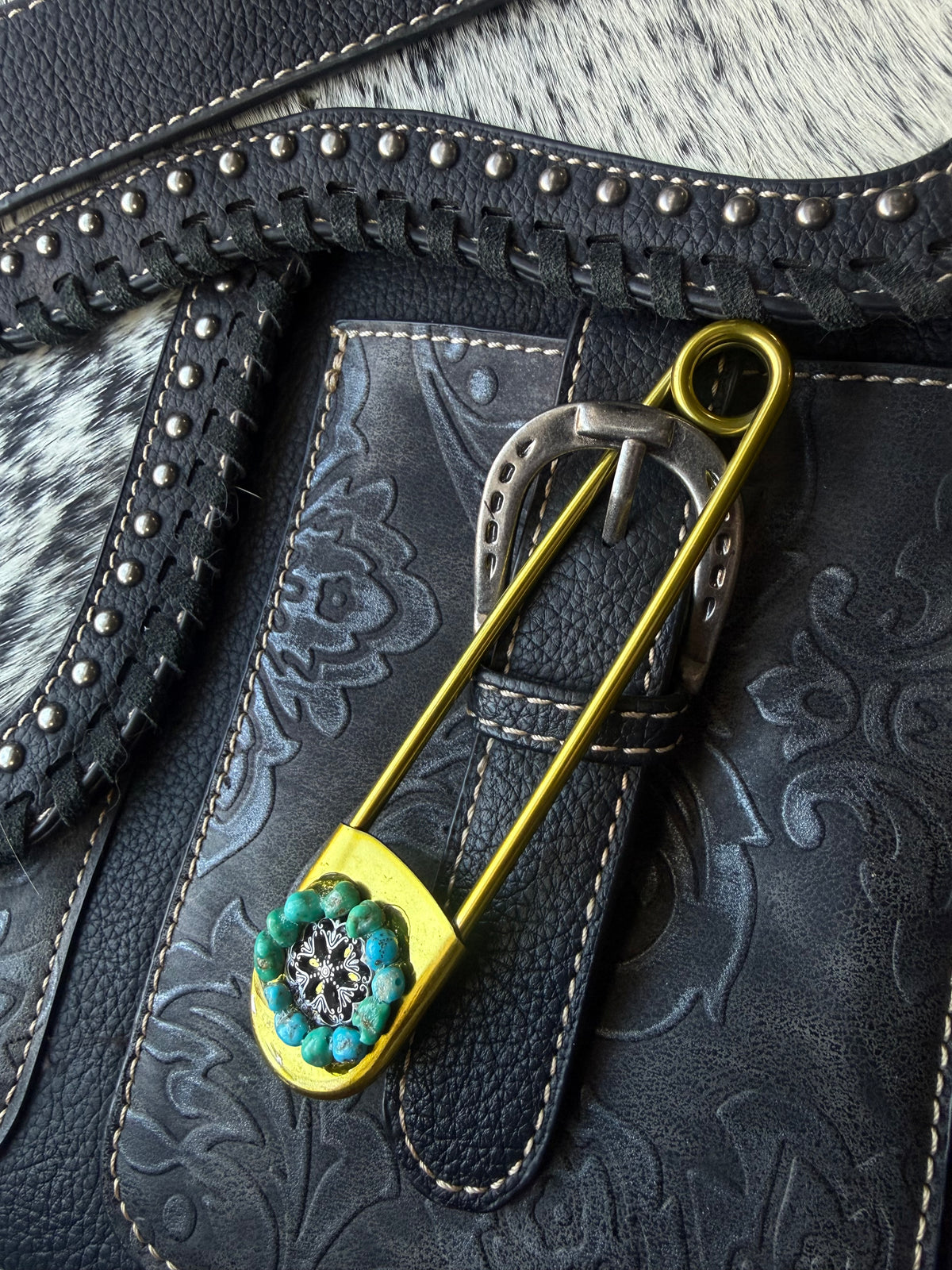 Heritage Series | American Turquoise & Silver-Tone Floral Jumbo Pin | Gold-Tone Stainless Steel | 5 Inch