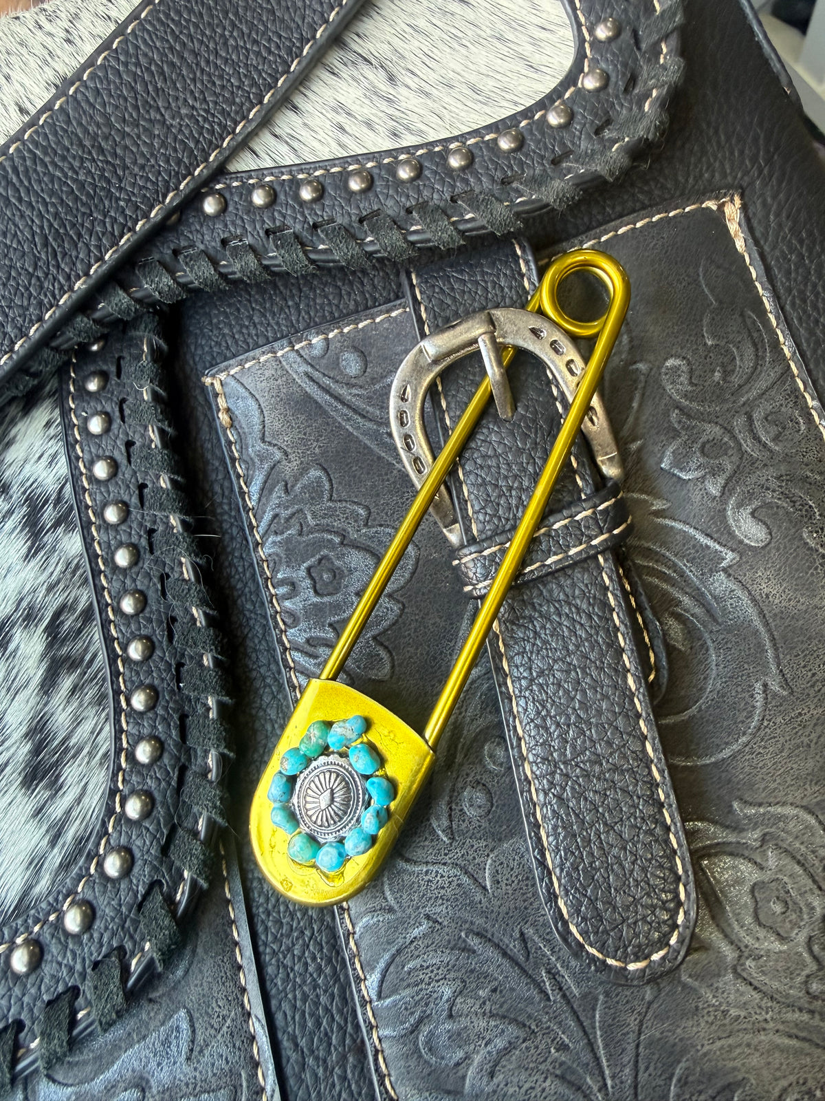 Heritage Series | American Turquoise & Silver-Tone Concho Jumbo Pin | Gold-Tone Stainless Steel | 5 Inch