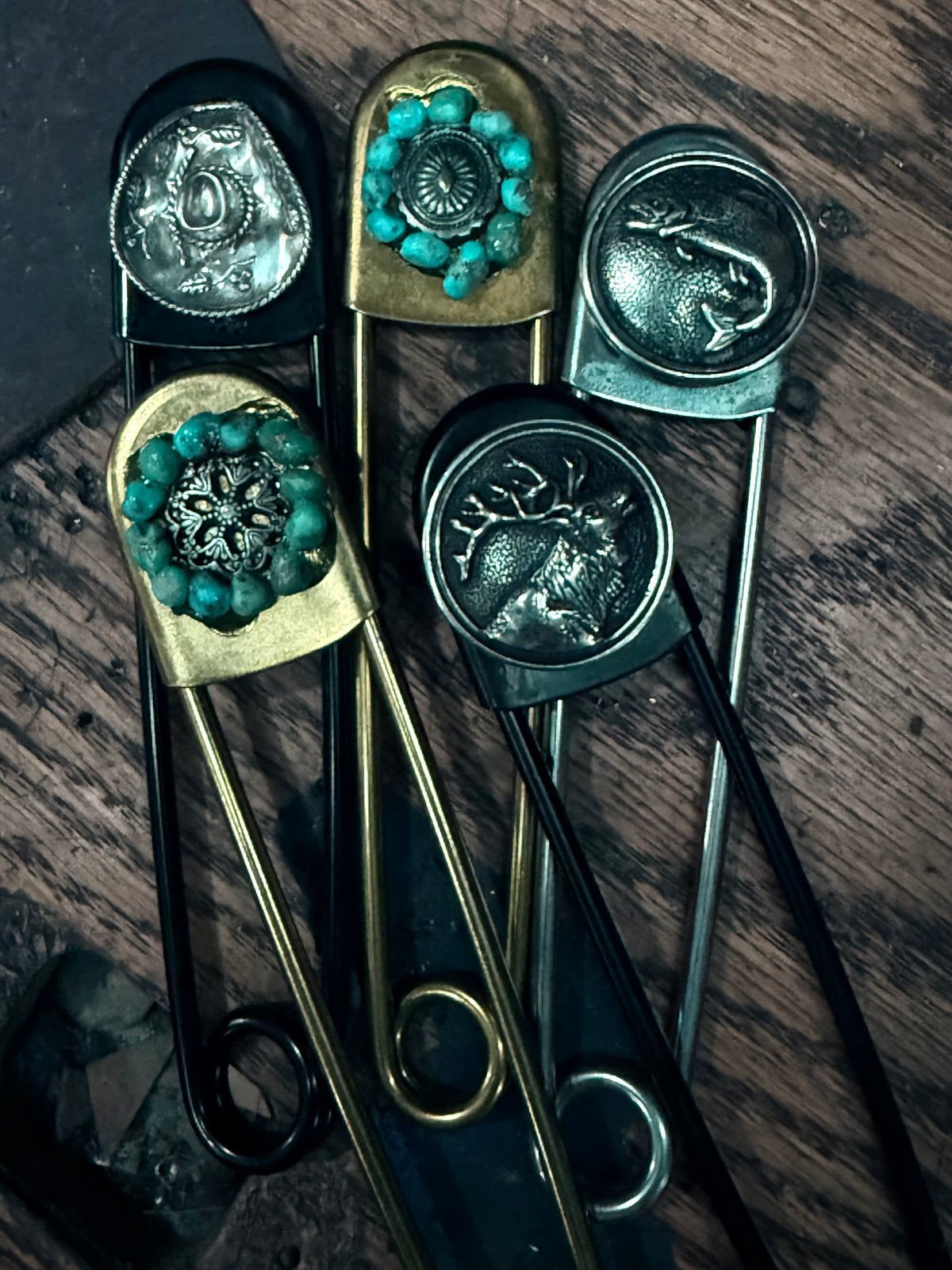 Heritage Series | American Turquoise & Silver-Tone Concho Jumbo Pin | Gold-Tone Stainless Steel | 5 Inch