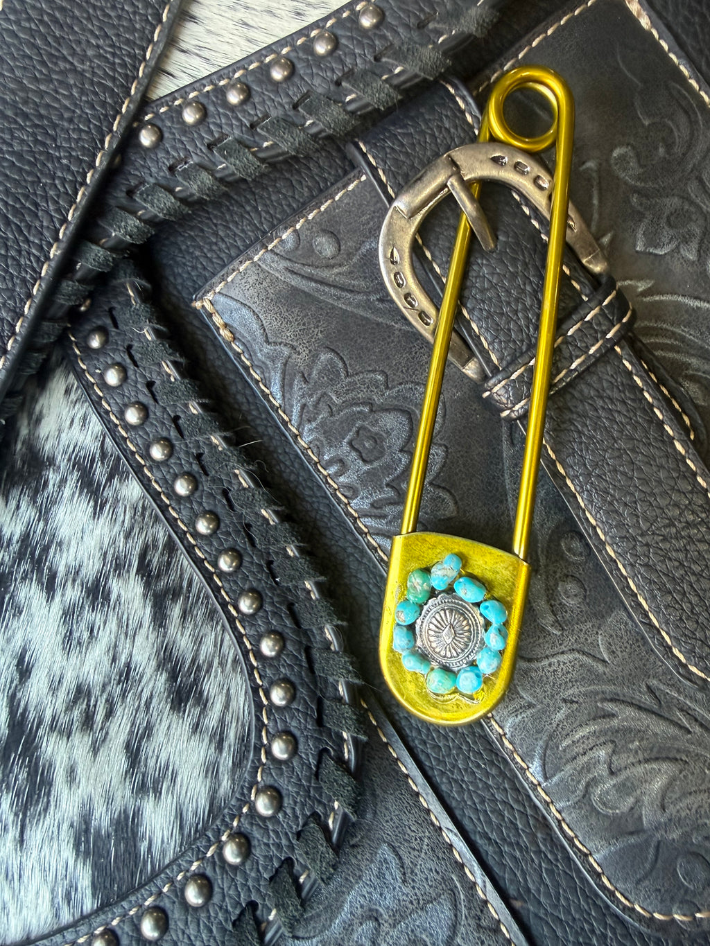 Heritage Series | American Turquoise & Silver-Tone Concho Jumbo Pin | Gold-Tone Stainless Steel | 5 Inch