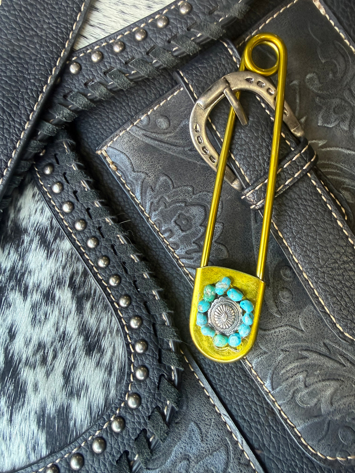 Heritage Series | American Turquoise & Silver-Tone Concho Jumbo Pin | Gold-Tone Stainless Steel | 5 Inch