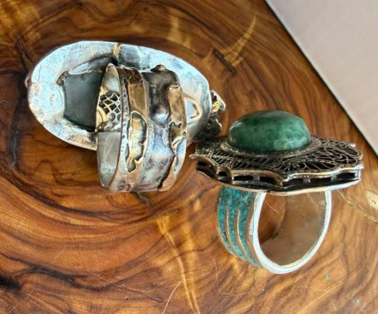 Hand-Forged Guatemalan Jade Artisan Ring – Mixed Metals Sz 6.5