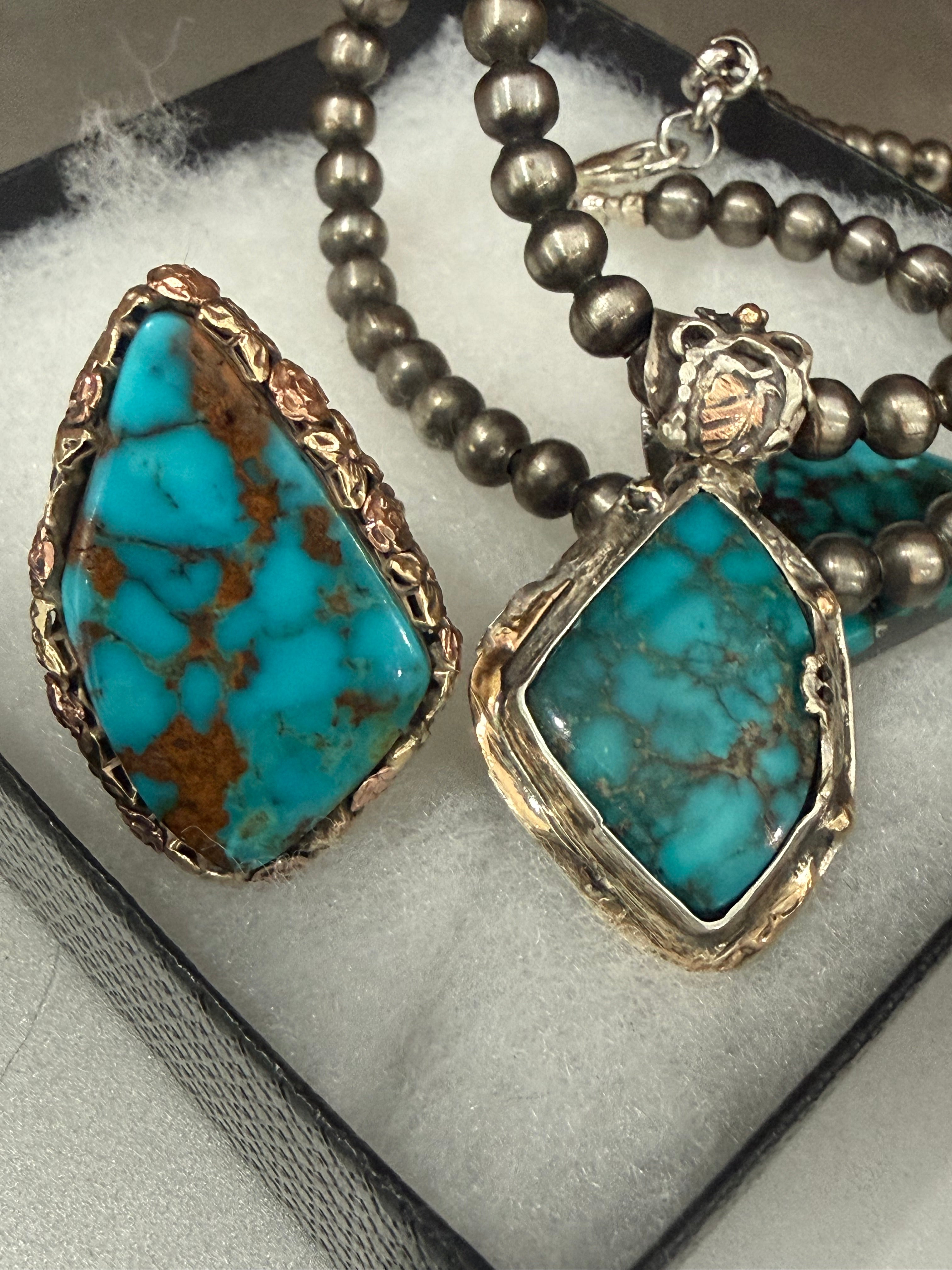 18k Gold, Rose Gold, Sterling Silver & Lone Mountain Turquoise Ring | Size 7