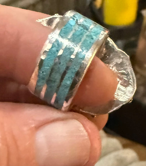 Burmese Jade, Sleeping Beauty Turquoise Inlay & 1900s Filigree Silver Ring | Size 7