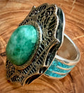 Burmese Jade, Sleeping Beauty Turquoise Inlay & 1900s Filigree Silver Ring | Size 7