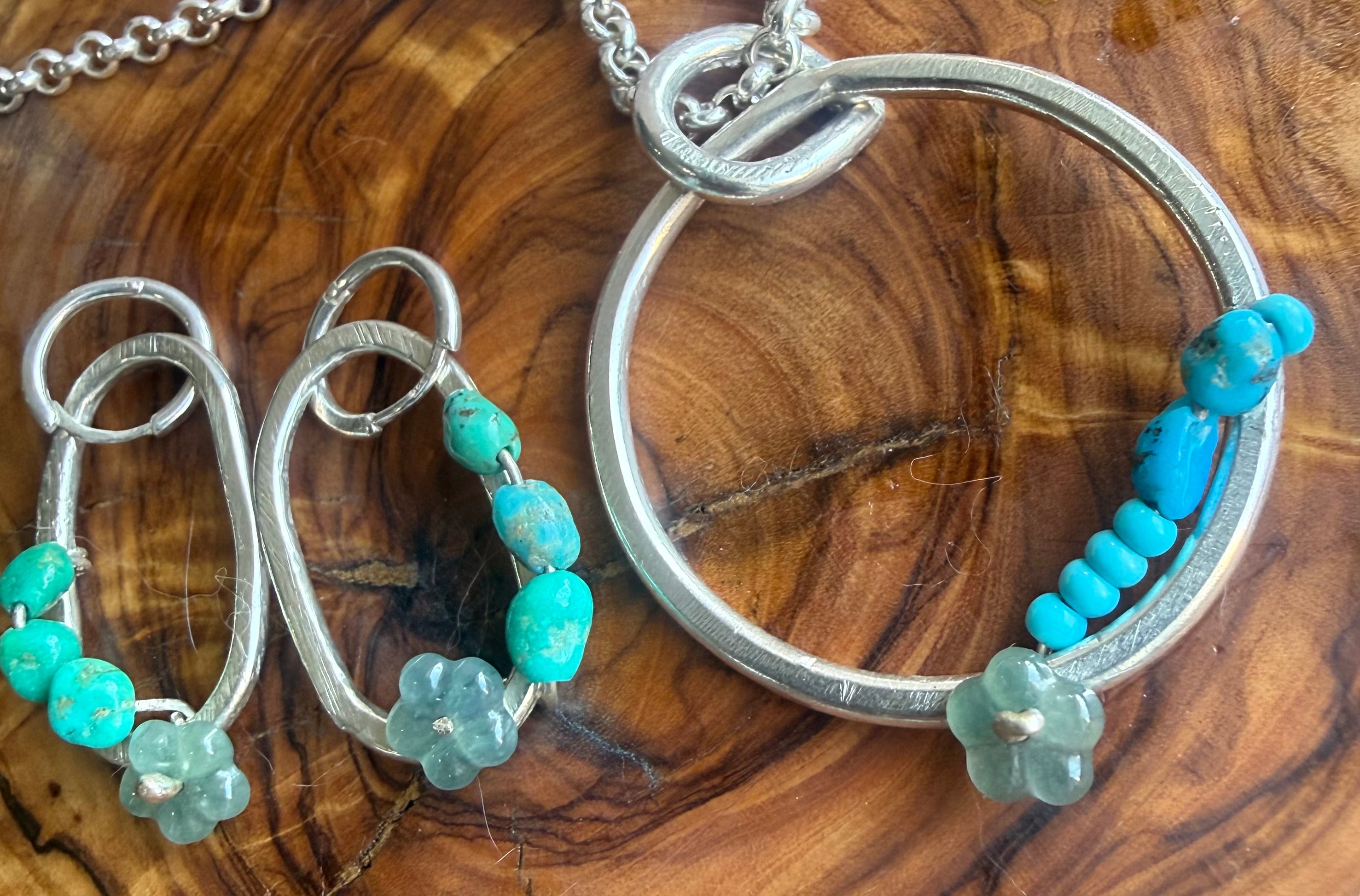 Desert Bloom Medium Huggies & Pendant Set | Guatemalan Jadeite, Natural Turquoise & Sterling Silver