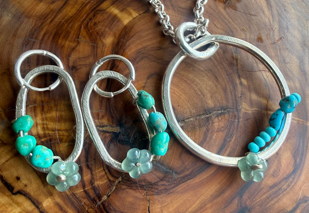 Desert Bloom Huggies | Guatemalan Jadeite, Natural Turquoise & Sterling Silver