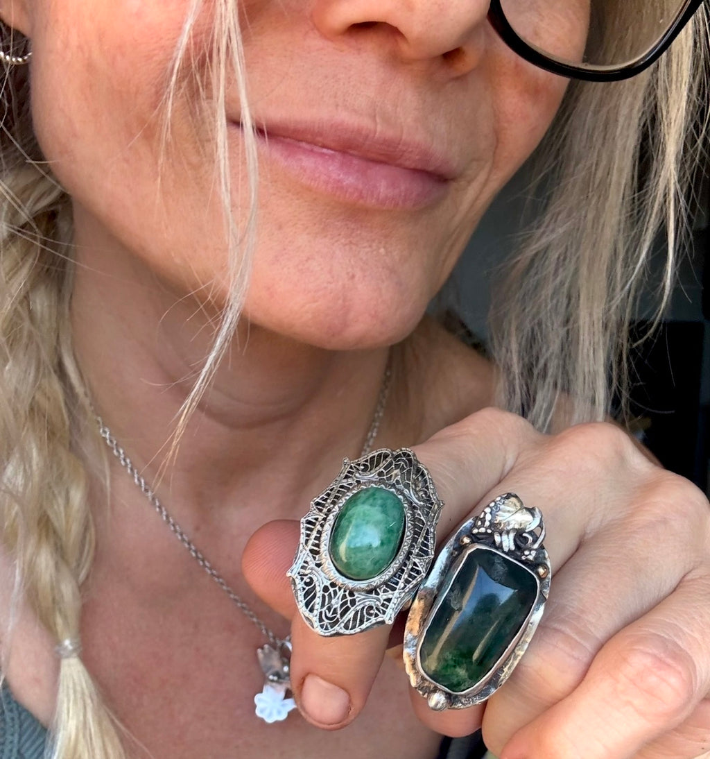 Burmese Jade, Sleeping Beauty Turquoise Inlay & 1900s Filigree Silver Ring | Size 7