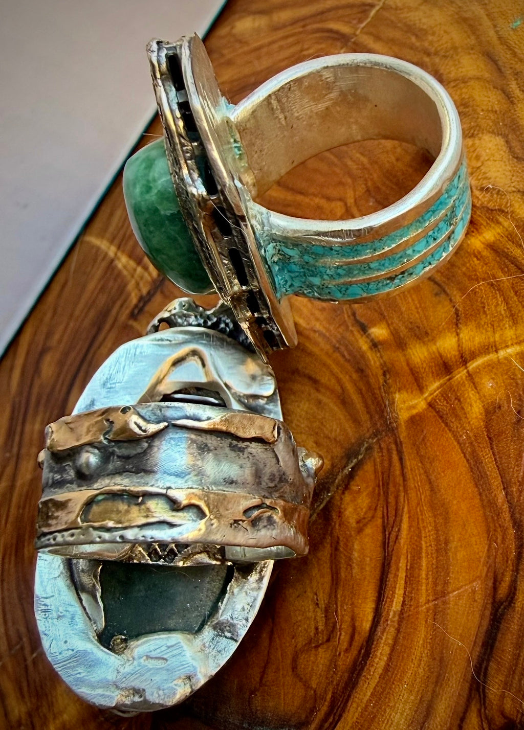 Hand-Forged Guatemalan Jade Artisan Ring – Mixed Metals Sz 6.5