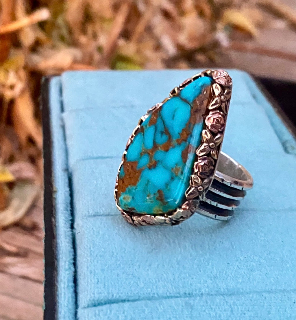 18k Gold, Rose Gold, Sterling Silver & Lone Mountain Turquoise Ring | Size 7