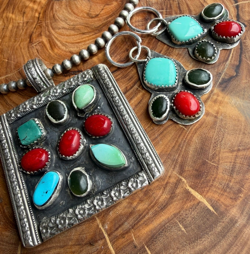 Desert Bloom Chandelier Huggie Earrings | Turquoise, Coral, Jade & Sterling Silver