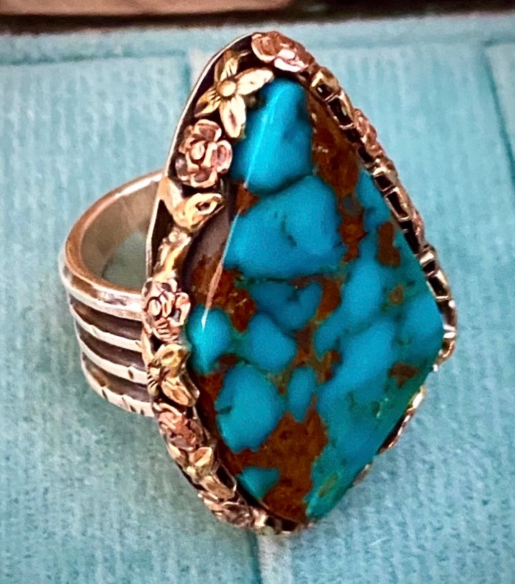 18k Gold, Rose Gold, Sterling Silver & Lone Mountain Turquoise Ring | Size 7