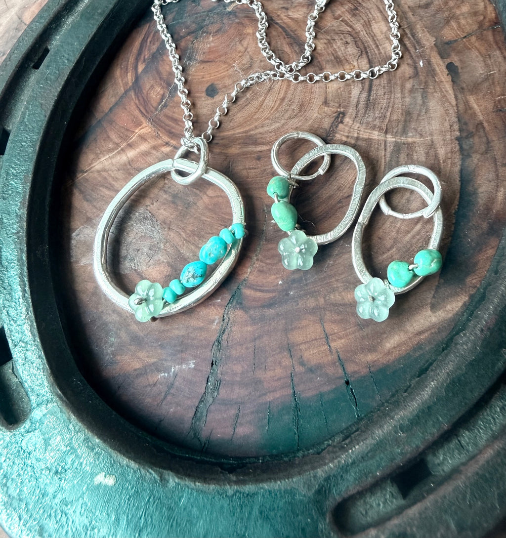 Desert Bloom Huggies & Pendant Set | Guatemalan Jadeite, Natural Turquoise & Sterling Silver