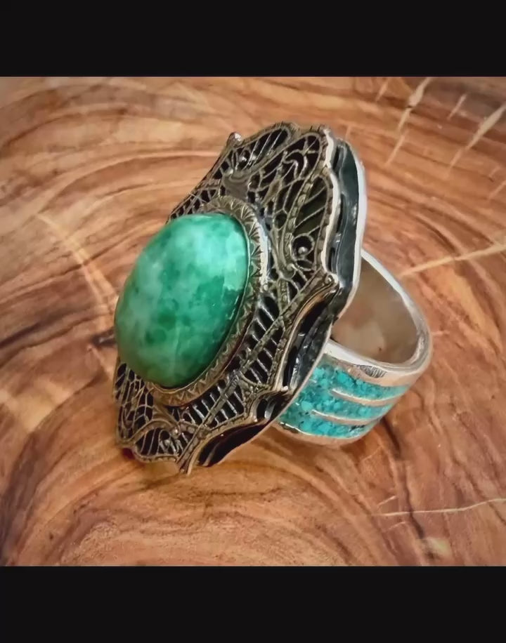 Burmese Jade, Sleeping Beauty Turquoise Inlay & 1900s Filigree Silver Ring | Size 7